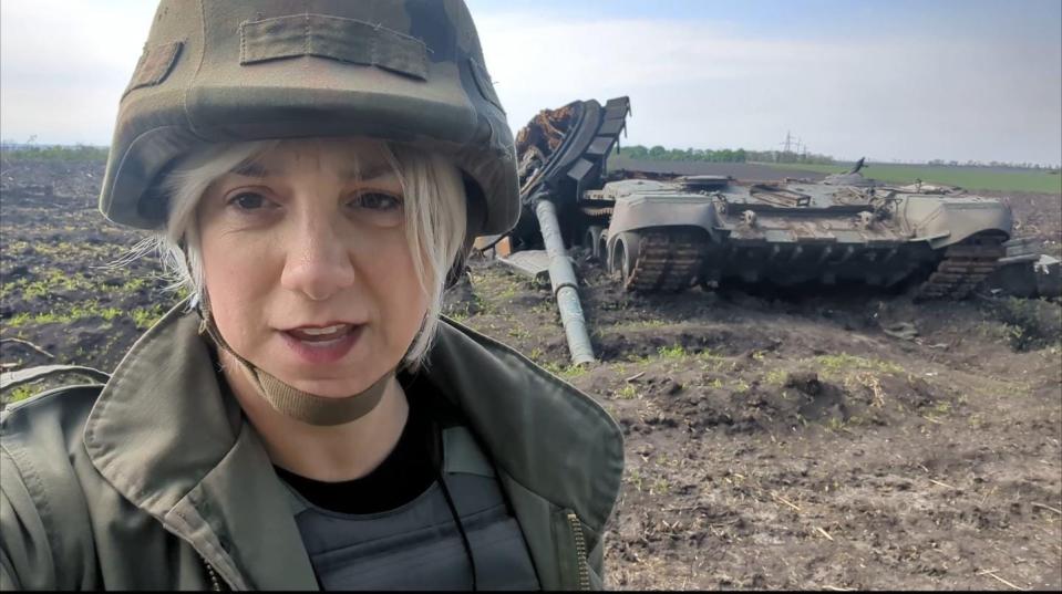 Ashton-Cirillo at the scene of an ambush by Ukrainian soldiers of a Russian convoy a few miles from the Russian border in May 2022.