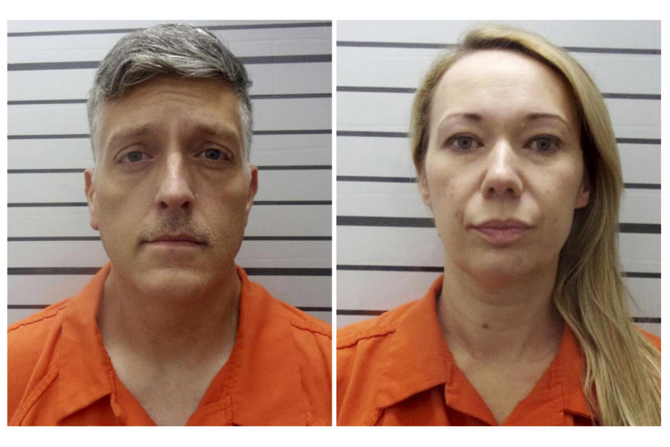 FILE - This combo of booking photos provided by the Muskogee County, Okla., Sheriff's Office shows Jon Hallford, left, and Carie Hallford. Jon and Carie Hallford, the owners of Return to Nature Funeral Home, the Colorado funeral home where 190 decaying bodies were found, are set to appear in court Tuesday, Dec. 5, 2023, facing allegations that they abused corpses, stole, money laundered and forged documents. (Muskogee County Sheriff's Office via AP, File)