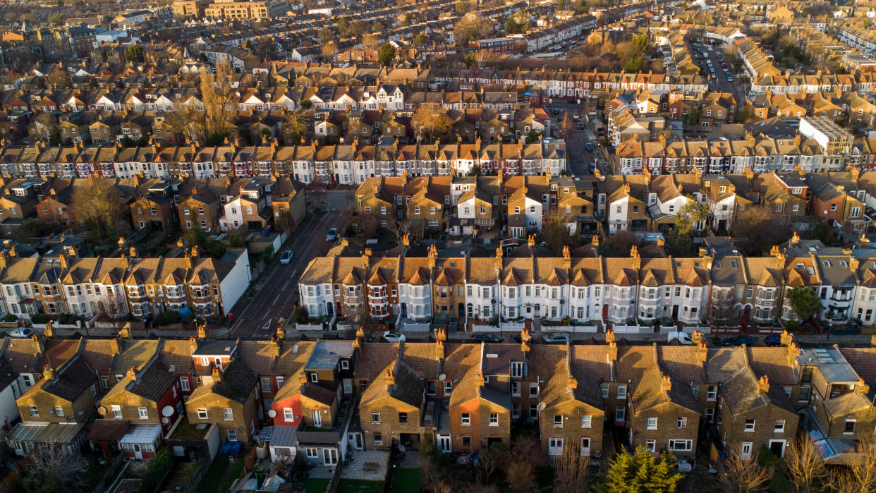 LONDON, UNITED KINGDOM - DECEMBER 20: An aerial view of terraced houses in north London, Britain on December 20, 2022. The UK Government is extending the mortgage guarantee scheme for first-time home buyers or those with small deposits until the end of 2023. Halifax is predicting an 8 per cent decline in house prices in 2023. (Photo by Dinendra Haria/Anadolu Agency via Getty Images)