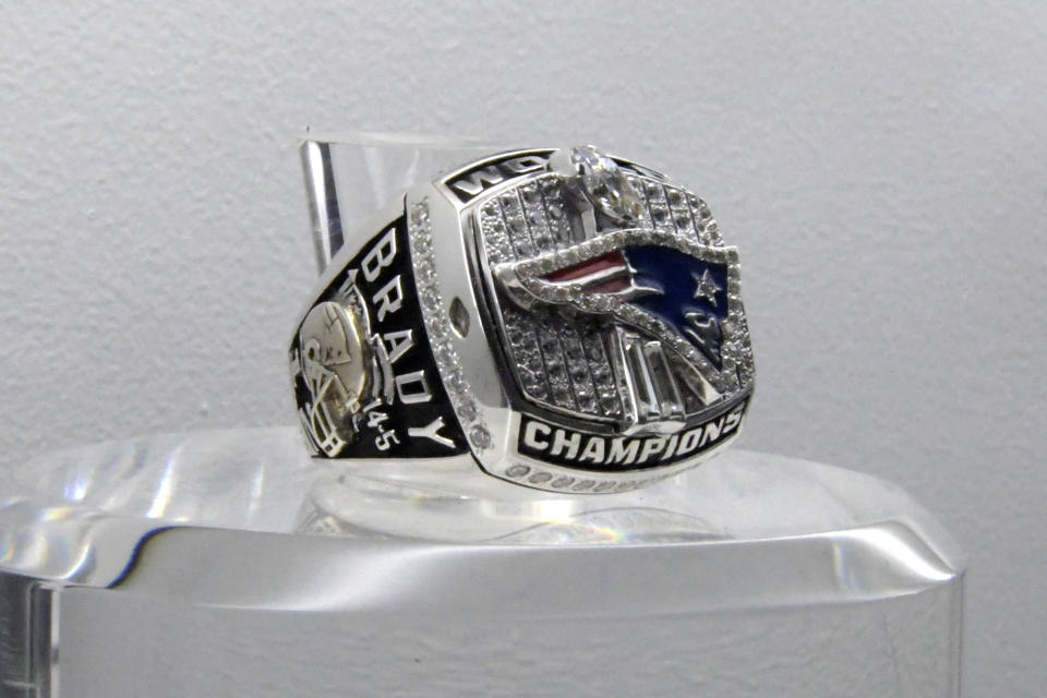 Feb 2, 2019; Atlanta, GA, USA; Detailed view of Super Bowl XXXVI championship ring to commemorate the New England Patriots 20-17 victory over the St. Louis Rams on February 3, 2002 at the Louisiana Superdome in New Orleans, La. Mandatory Credit: Kirby Lee-USA TODAY Sports