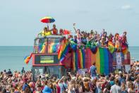 <p>An actual love bus shows up at the 2018 Brighton Pride parade in England. <br></p>