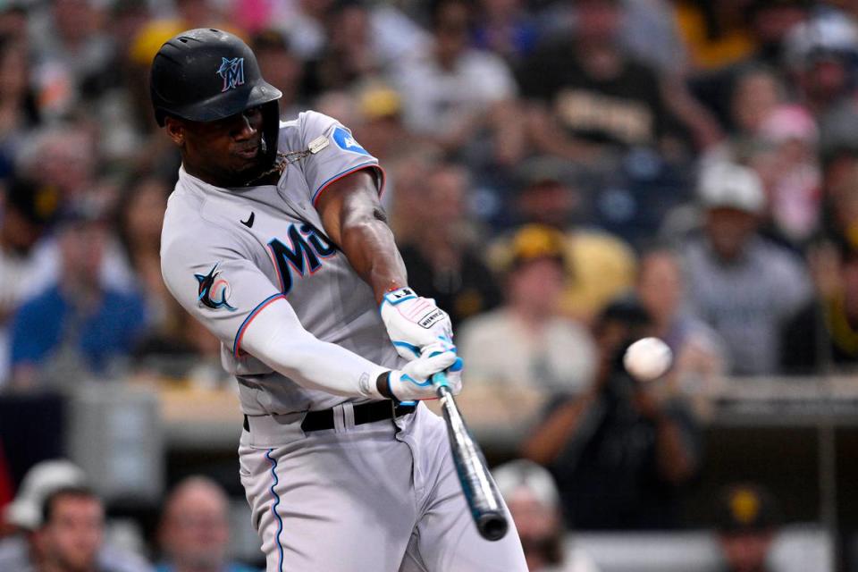 Aug 22, 2023; San Diego, California, USA; Miami Marlins designated hitter Jorge Soler (12) hits a home run against the San Diego Padres during the third inning at Petco Park.