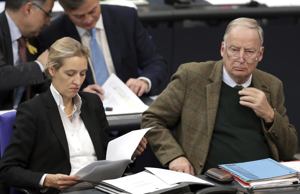 Die AfD-Fraktionsvorsitzenden Alice Weidel und Alexander Gauland im Bundestag (Bild: AP Photo/Michael Sohn)