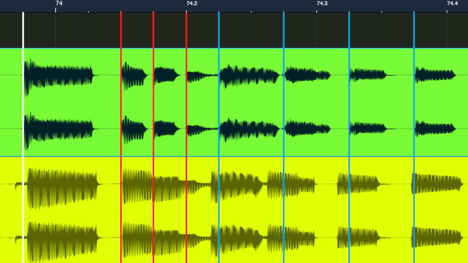 Fig. 1: The yellow track shows the original note timings. The green track shows the results of  timing shifts.