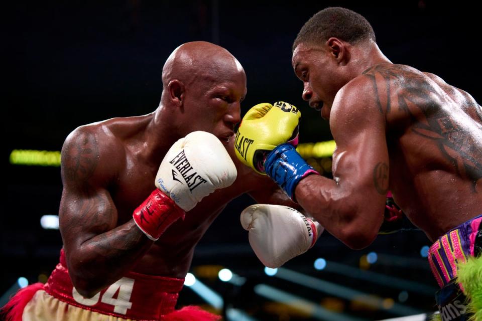 Spence (right) brutalised Yordenis Ugas’ right eye en route to a stoppage win last April (Getty Images)