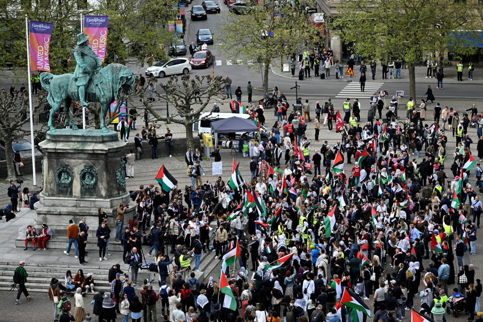 A large crowd gathers in central Malmo to protest Israel's participation in the Eurovision. (Reuters)