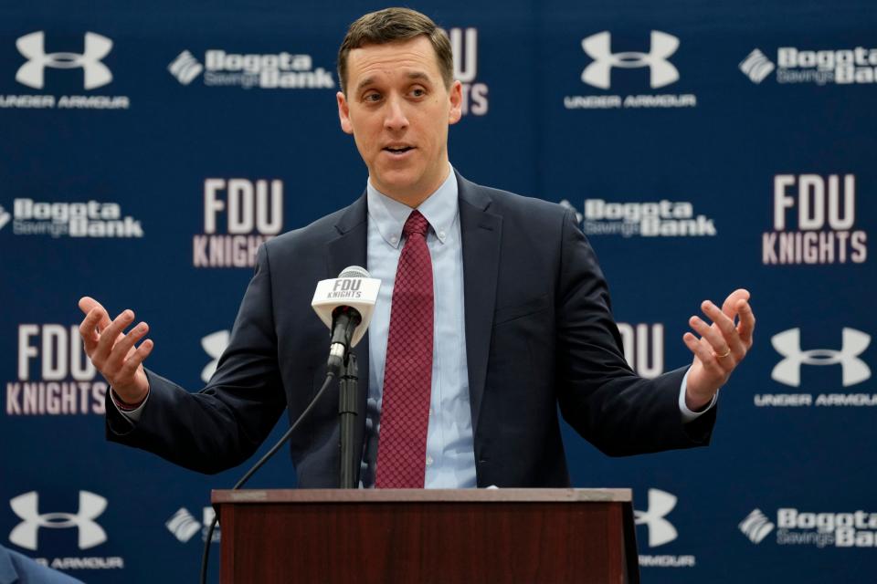 Jack Castleberry is shown after being introduced as the new men's basketball head coach at Fairleigh Dickinson University.   Thursday, March 23, 2023