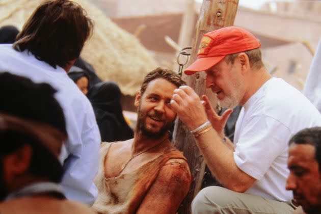 Russell Crowe and director Ridley Scott on the set of Gladiator