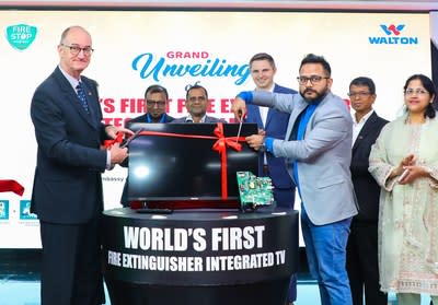 German Ambassador Achim Tröster and WALTON Managing Director Golam Murshed unveil the first integrated TV fire extinguisher.