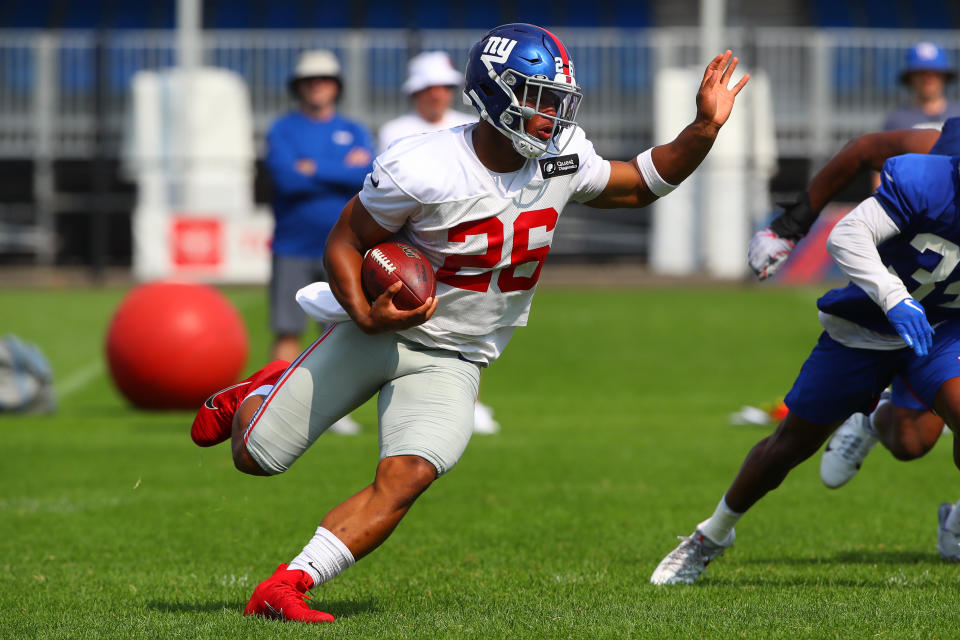 EAST RUTHERFORD, NJ - JULY 26:  New York Giants running back Saquon Barkley (26) during training camp on July 26 2019 at Quest Diagnostics Training Center in East Rutherford, NJ.  (Photo by Rich Graessle/Icon Sportswire via Getty Images)