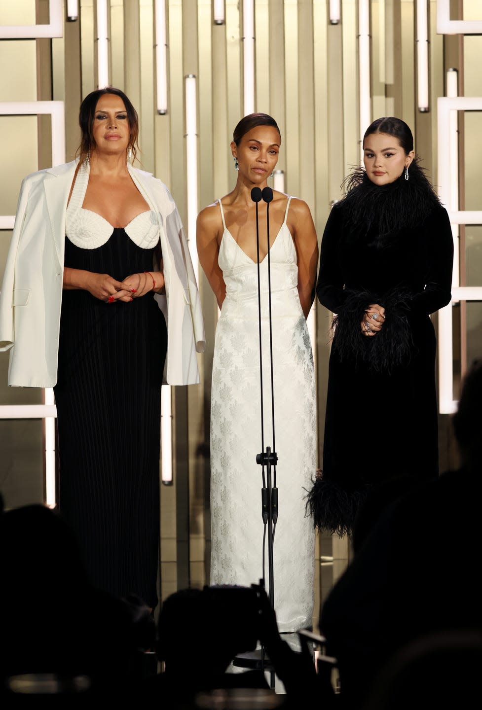 karla sofía gascón, zoe saldana, and selena gomez