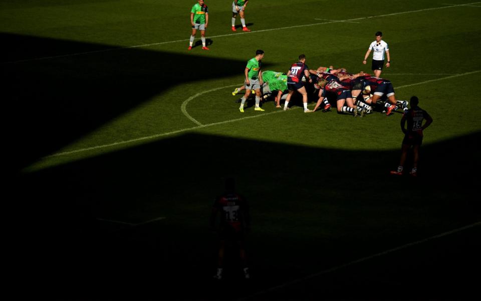 General view of a scrum during the Gallagher Premiership Rugby match between Bristol Bears and Harlequins at Ashton Gate on March 08, 2020 in Bristol, England - Ten Gallagher Premiership players and staff members test positive for Covid-19 in first round of testing - GETTY IMAGES