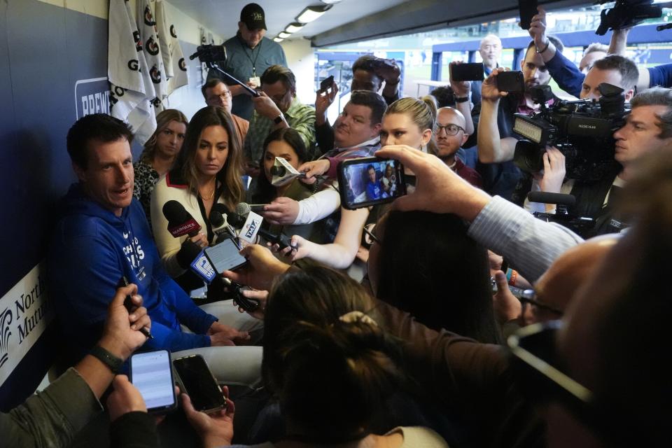 Chicago Cubs manager Craig Counsell talks to reporters before Monday's game in Milwaukee, where he spent 17 combined years as a player and manager with the Brewers. (AP Photo/Morry Gash)