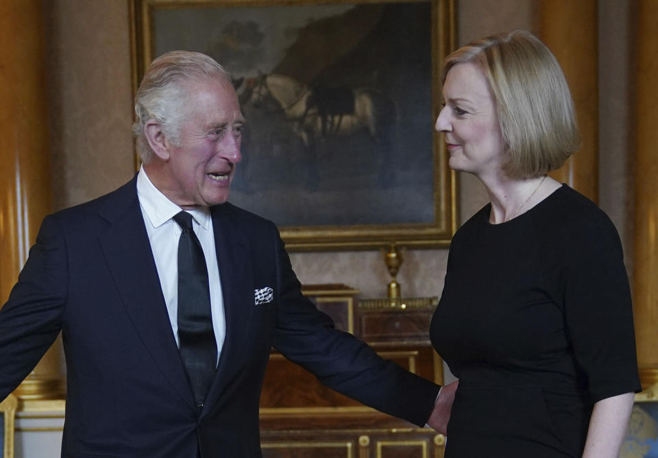 Britain's King Charles III during his first audience with Prime Minister Liz Truss at Buckingham Palace, London, Friday, Sept. 9, 2022 following the death of Queen Elizabeth II on Thursday. (Yui Mok/Pool photo via AP)