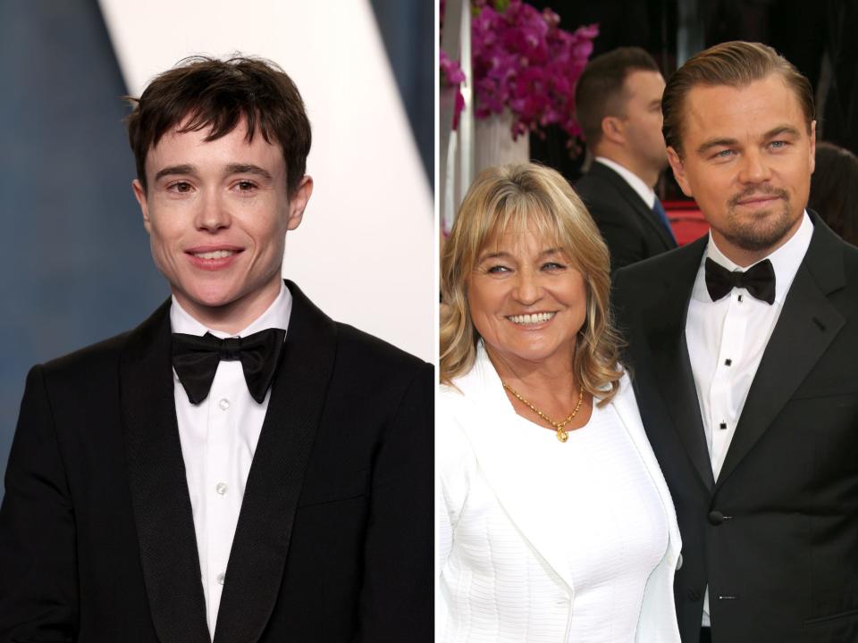 Elliot Page at the 2022 Vanity Fair Oscar Party; Leonardo DiCaprio and mother Irmelin Indenbirken at the 2014 Annual Golden Globe Awards.