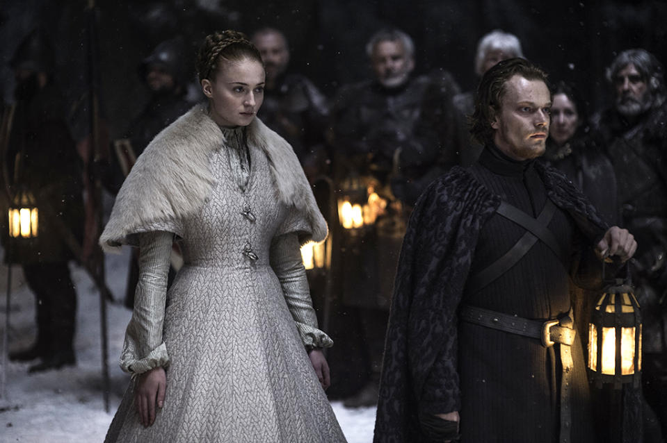 <p>Sansa’s heavy wedding dress is big on symbolism — fur to represent Starks, fish claps to represent her mother’s Tully background. But off screen, the dress was mostly a pain in the neck for the crew, Clapton told <a rel="nofollow noopener" href="https://fashionista.com/2015/06/game-of-thrones-season-5-costume-designer-interview" target="_blank" data-ylk="slk:Fashionista;elm:context_link;itc:0;sec:content-canvas" class="link ">Fashionista</a>. “The funniest thing was on the day of the rehearsal, they had set up this snowy path. [Sansa] walked up the path in the dress and it was like a snow plow. It cleared the whole path because it was so big and heavy,” Clapton said. “They had to reset the snow every take.”<br><br>(Photo Credit: HBO) </p>