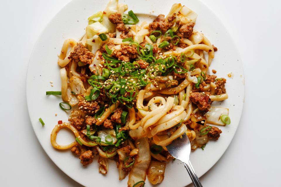 You can easily make this vegetarian—omit the pork and sub in 8 oz. shiitake or crimini mushrooms. See the <a rel="nofollow noopener" href="http://www.bonappetit.com/story/pork-stir-fried-udon-noodles-recipe?mbid=synd_yahoo_rss" target="_blank" data-ylk="slk:step-by-step instructions here.;elm:context_link;itc:0;sec:content-canvas" class="link ">step-by-step instructions here.</a> <a rel="nofollow noopener" href="https://www.bonappetit.com/recipe/stir-fried-udon-with-pork?mbid=synd_yahoo_rss" target="_blank" data-ylk="slk:See recipe.;elm:context_link;itc:0;sec:content-canvas" class="link ">See recipe.</a>