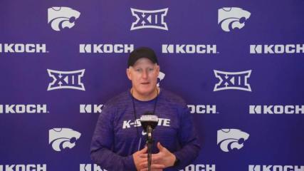 Kansas State football coach Chris Klieman talks to reporters after final spring practice