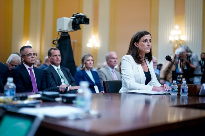 Cassidy Hutchinson, a top aide to Mark Meadows when he was White House chief of staff in the Trump administration, is seen as the House Jan. 6 select committee holds a public hearing on Capitol Hill on June 28.