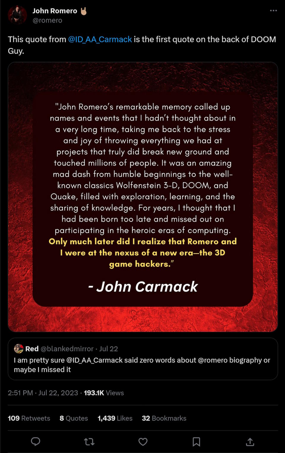 This quote from @ID_AA_Carmack  is the first quote on the back of DOOM Guy.