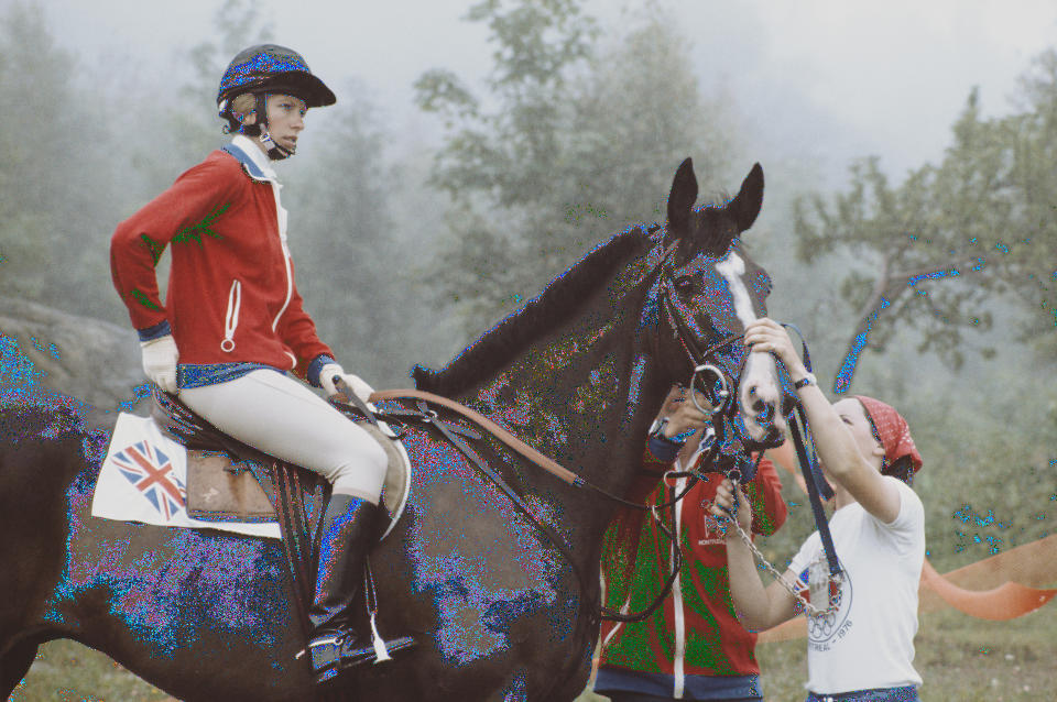 Anne aboard Goodwill during the Mixed Three-Day Event Team Cross-Country at the 1976 Olympics (Getty Images)