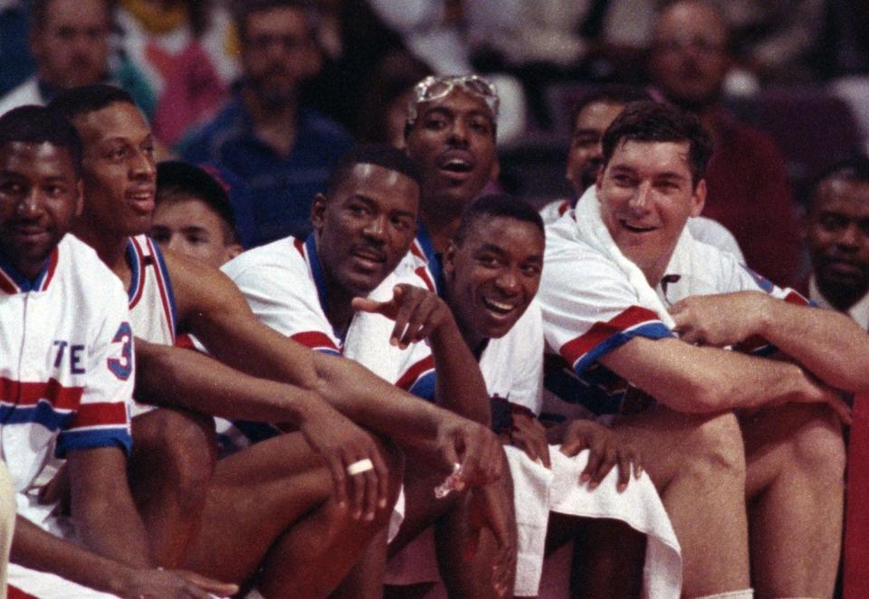 (From left) Pistons Dennis Rodman, Joe Dumars, John Salley, Isiah Thomas and Bill Laimbeer on the bench on May 5, 1991, near the end of Game 5 of the Eastern Conference quarterfinals against the Hawks at the Palace.