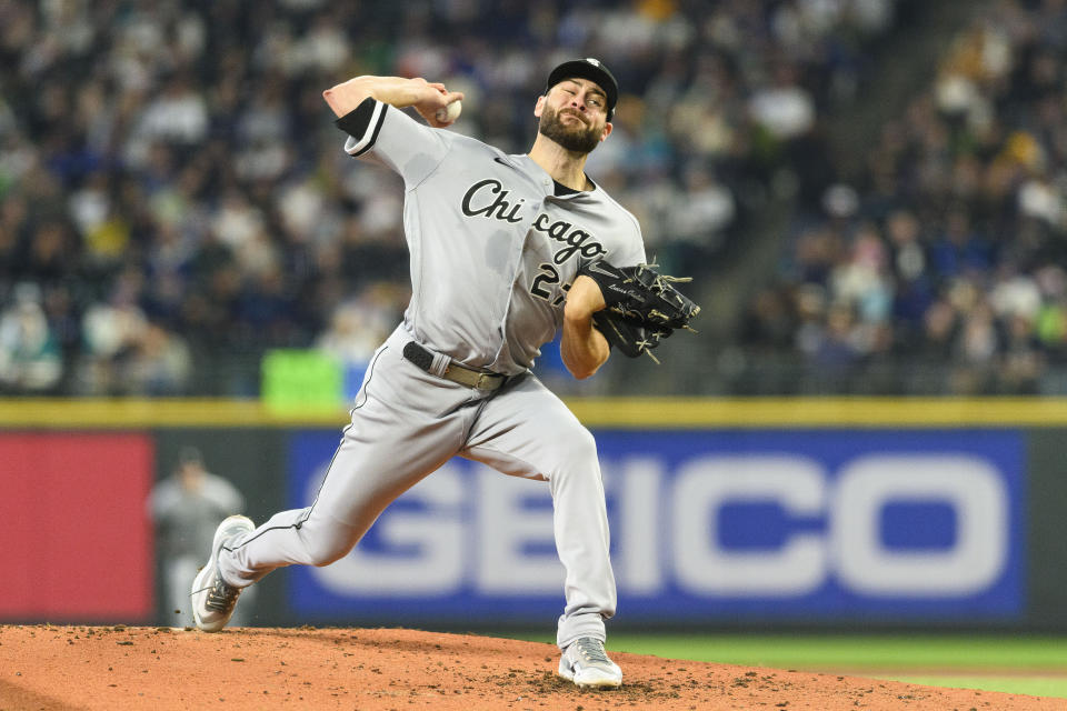 Chicago White Sox starting pitcher Lucas Giolito throws against the Seattle Mariners during the second inning of a baseball game, Saturday, June 17, 2023, in Seattle. (AP Photo/Caean Couto)