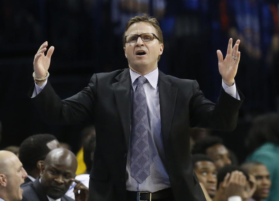 Oklahoma City Thunder head coach Scott Brooks reacts to a call in the third quarter of an NBA basketball game against the Portland Trail Blazers in Oklahoma City, Tuesday, Jan. 21, 2014. Oklahoma City won 105-97. (AP Photo/Sue Ogrocki)