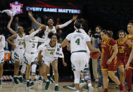 Baylor celebrates after defeating Iowa State during the Big 12 women's conference tournament championship in Oklahoma City, Monday, March 11, 2019. Baylor won 67-49. (AP Photo/Alonzo Adams)