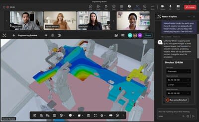 Collaborative work experience connected and created in Hexagon's Nexus platform, but fully integrated into a Teams call with an AI-assisted copilot in chat