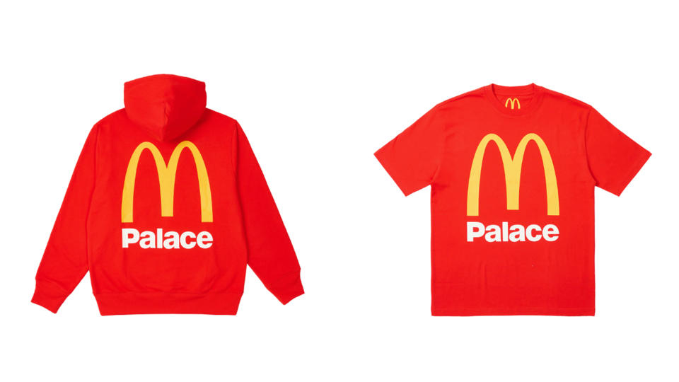 A red hoodie and t-shirt, both with the McDonald's x Palace logo on them.