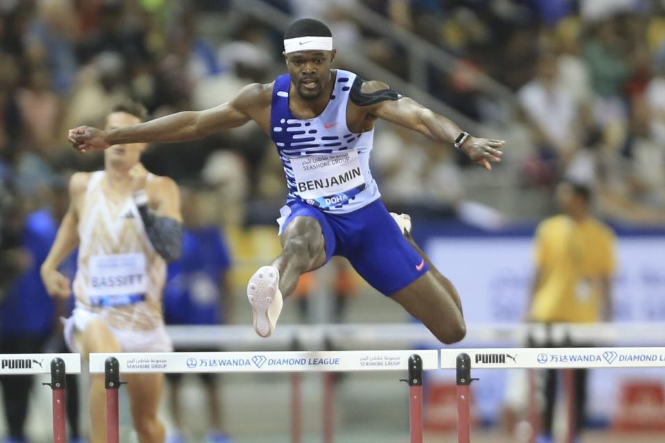 Rai Benjamin on his way to winning the 400-meter hurdles during a Diamond League track meet on May 5.