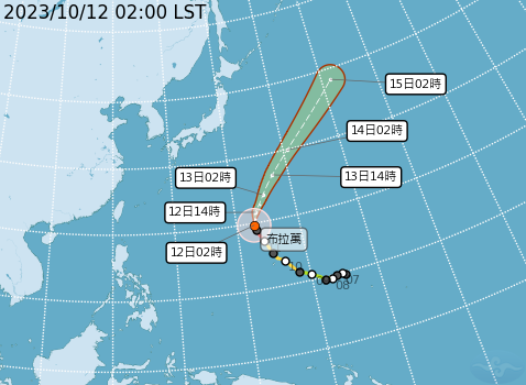 強烈颱風「布拉萬」今天凌晨2時的中心位置，在關島北北西方730公里海面上，以每小時17轉28公里的速度，朝關島北方而去。   圖：中央氣象署／提供