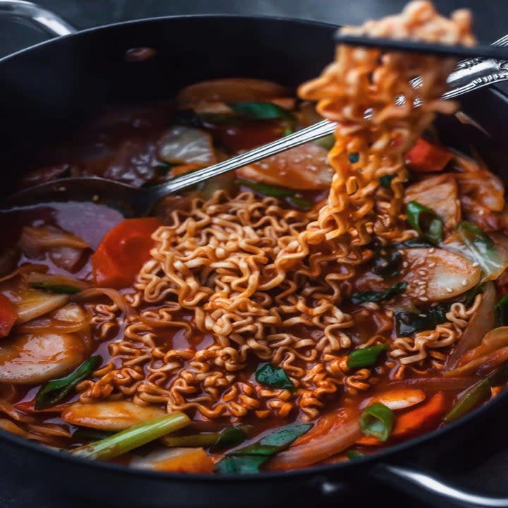 ramen noodles and vegetables in a pot