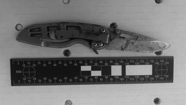 This knife was recovered from the scene after a 28-year-old man was shot and killed by Cold Lake RCMP on June 20.   (Submitted by RCMP - image credit)