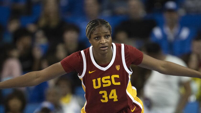 Southern California center Clarice Akunwafo (34) during an NCAA basketball game against UCLA on Saturday, Dec. 30, 2023, in Los Angeles. (AP Photo/Kyusung Gong)