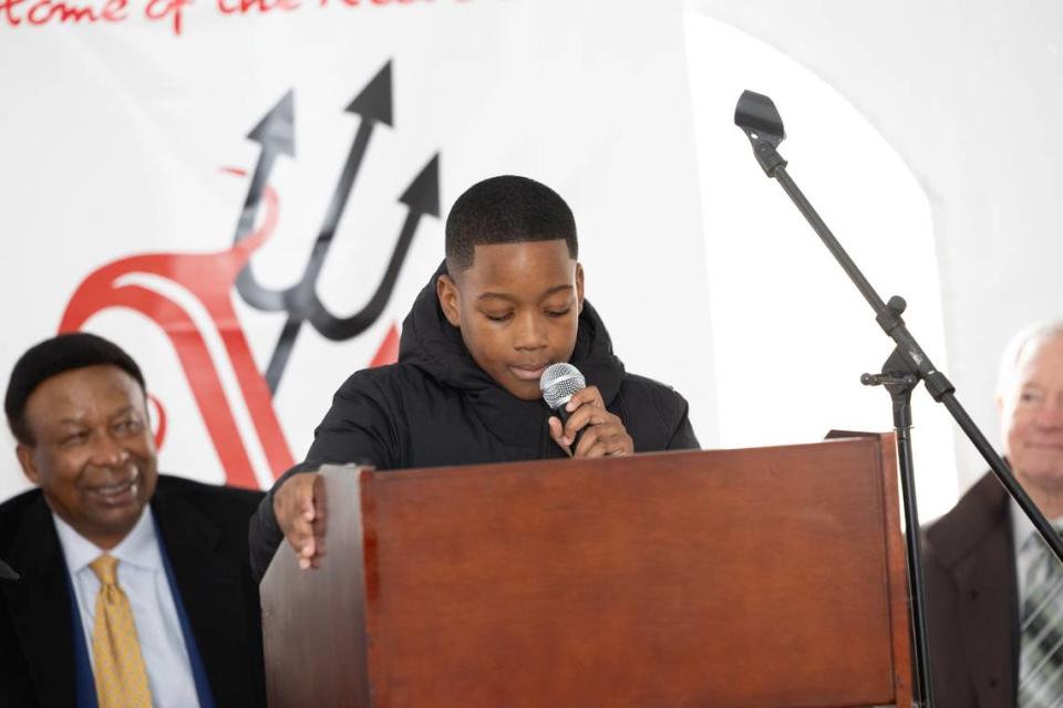 Venice Elementary fourth grader Dallas Liddell speaks at the groundbreaking ceremony for the new school on Feb. 16, 2024, in Venice, Ill.