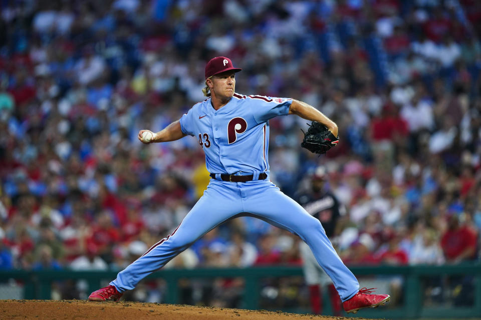 Philadelphia Phillies' Noah Syndergaard pitches during the third inning of a baseball game against the Washington Nationals, Thursday, Aug. 4, 2022, in Philadelphia. (AP Photo/Matt Rourke)