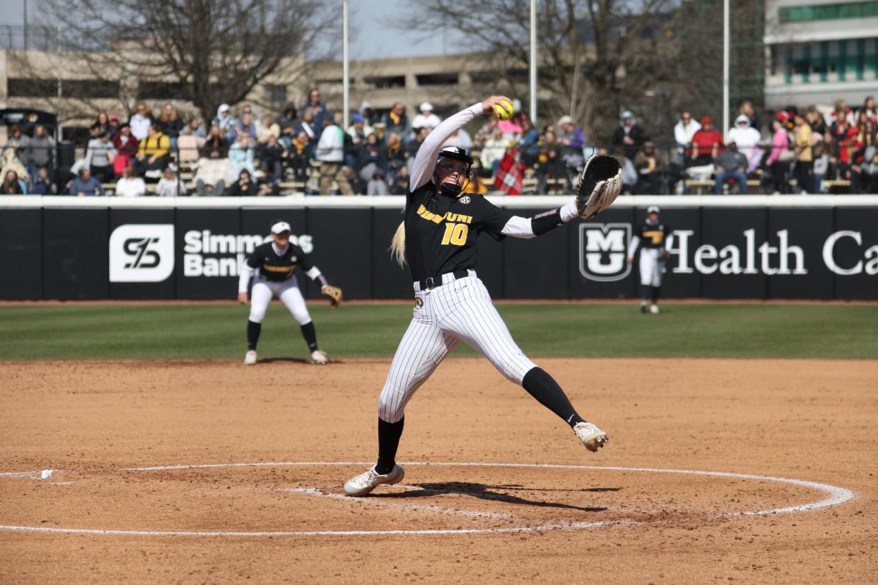 Missouri freshman Marissa McCann delivers a pitch during MU's 3-2 win over LSU on Saturday at Mizzou Softball Stadium.