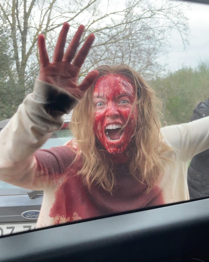 Sweeney posted an Instagram Story video of herself drenched head to toe in blood while banging on a car window. Sydney Sweeney/Instagram