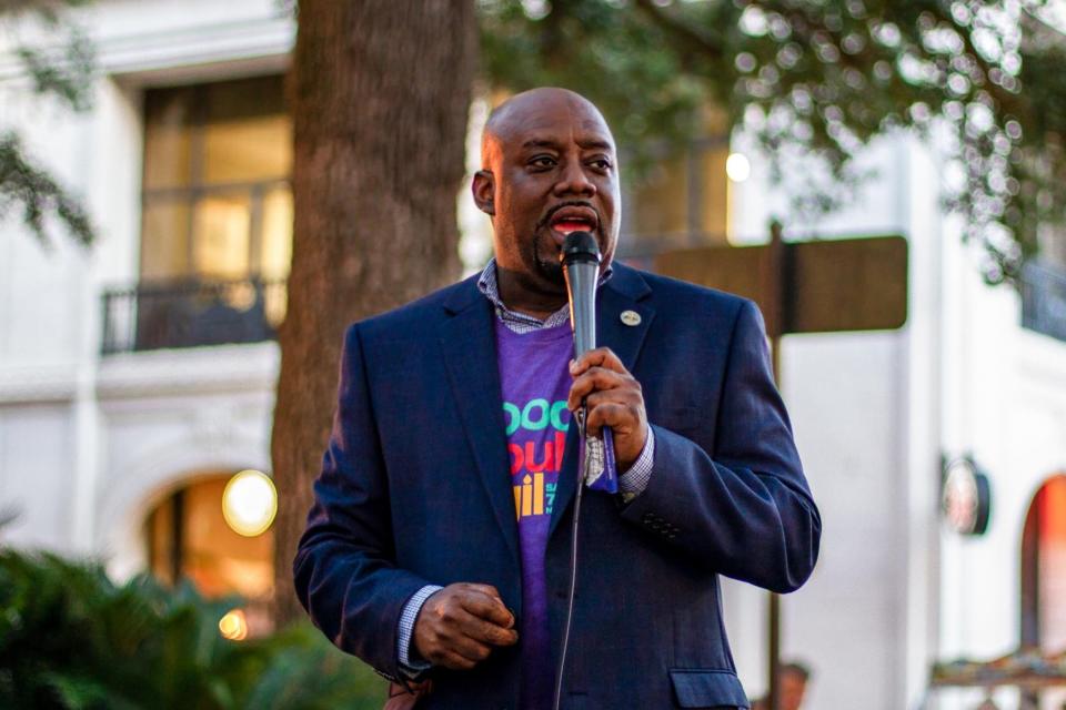 Savannah Mayor Van Johnson, speaks at the Good Trouble Vigil Saturday night in Johnson Square. Mayor Van Johnson is campaigning the For The People Act. 