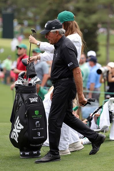 AUGUSTA, GEORGIA - APRIL 10: Gary Player of South Africa bag walks off the second green during the Par Three Contest prior to the 2024 Masters Tournament at Augusta National Golf Club on April 10, 2024 in Augusta, Georgia. (Photo by Jamie Squire/Getty Images) (Photo by Jamie Squire/Getty Images)