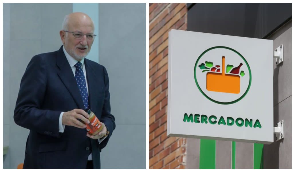 Juan Roig, director de Mercadona, y el logo de la compañía en la fachada de una de sus tiendas. (Getty Images)