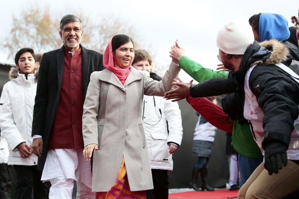 Nobel Peace Prize laureates Satyarthi and Yousafzai arrive at Save the Children (Redd Barna) peace prize festivities in Oslo