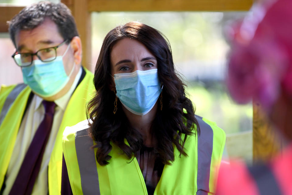 AUCKLAND, NEW ZEALAND - SEPTEMBER 03: New Zealand Prime Minister Jacinda Ardern looks on at the Manukau Institute of Technology on September 03, 2020 in Auckland, New Zealand. The New Zealand Prime Minister Jacinda Ardern has announced the launch of the Construction Centre of Vocational Excellence at Auckland's Manukau Institute of Technology to help increase vocational education in the construction industry. (Photo by Hannah Peters/Getty Images)