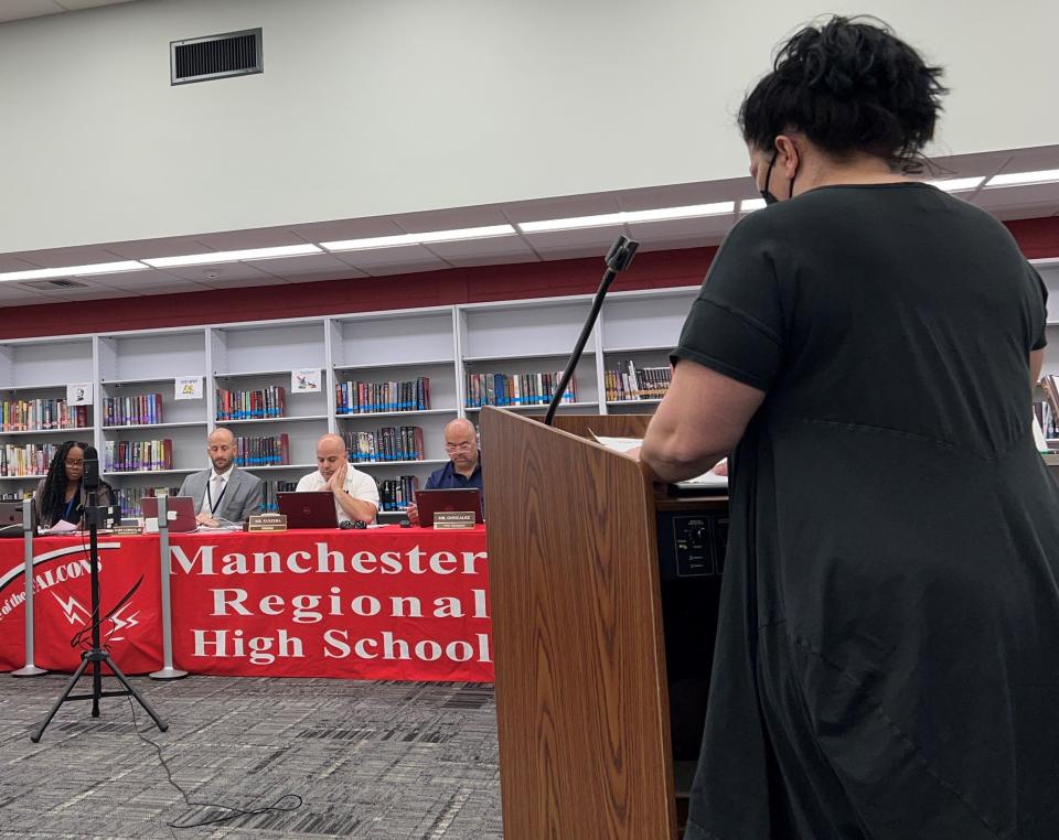 Jayme Sage Hedges, a language arts teacher at Manchester Regional High School in Haledon, speaks on behalf of the union at a Board of Education meeting on May 12.