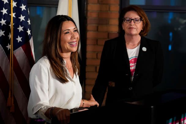 Jodie Hicks, chief executive officer and president of Planned Parenthood Affiliates of California speaks to reporters and supporters of Proposition 1, enshrining the right to an abortion in the California Constitution, in Sacramento, Calif., Nov. 8, 2022. (Rich Pedroncelli/AP)