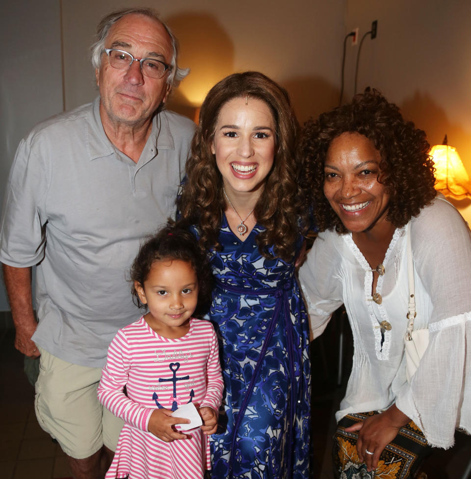 L to R: Robert De Niro, daughter Helen Grace, Chilina Kennedy as “Carole King” and Grace Hightower De Niro in 2015. Image: Getty