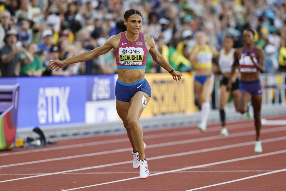 Mandatory Credit: Photo by John G Mabanglo/EPA-EFE/Shutterstock (13043472hc) Sydney McLaughlin of the USA crosses the finish line to win the women's 400m Hurdles final in a new World Record time of 50.68 seconds at the World Athletics Championships Oregon22 at Hayward Field in Eugene, Oregon, USA, 22 July 2022. World Athletics Championships Oregon22 - Day 8, Eugene, USA - 22 Jul 2022