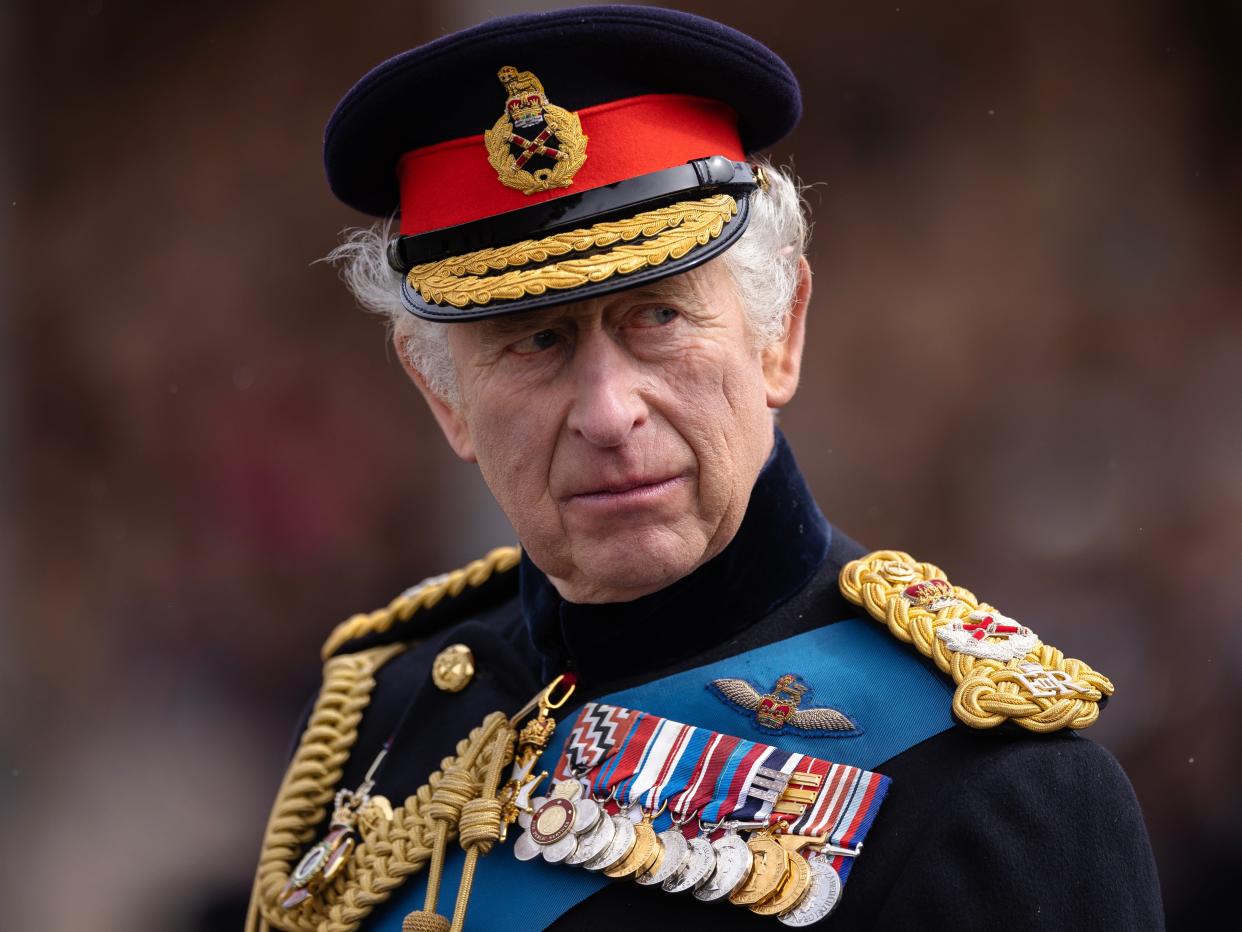 King Charles III inspects the 200th Sovereign's parade at Royal Military Academy Sandhurst on April 14, 2023 in Camberley, England.